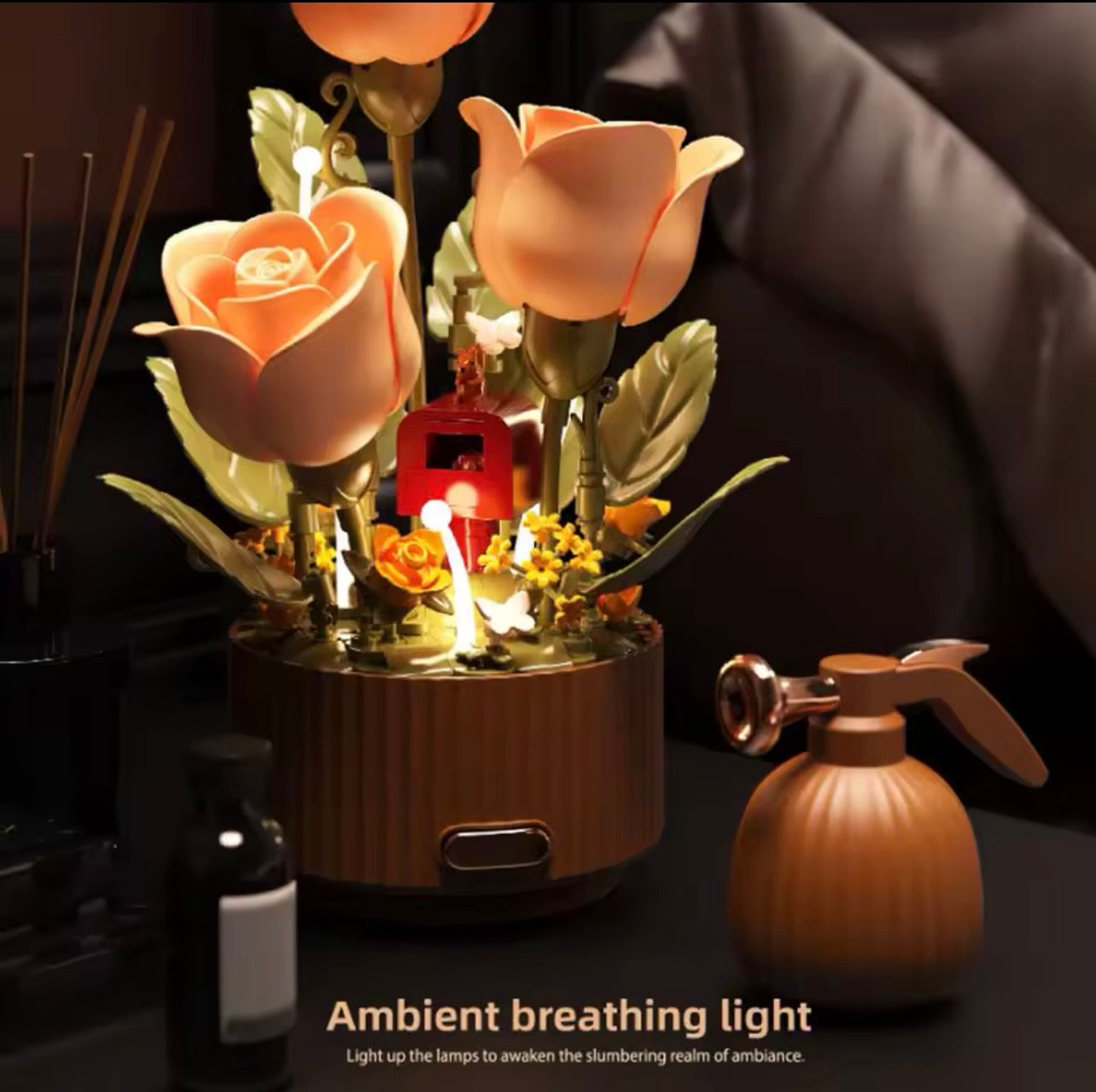 Dynamic Building Block Flower Electric Assembly Rose Bouquet Fairy Atmosphere High-end Decoration For Girl Handmade Wedding Gift