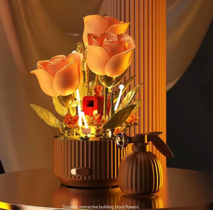 Dynamic Building Block Flower Electric Assembly Rose Bouquet Fairy Atmosphere High-end Decoration For Girl Handmade Wedding Gift