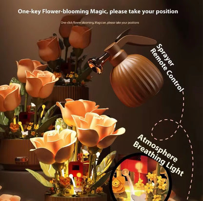 Dynamic Building Block Flower Electric Assembly Rose Bouquet Fairy Atmosphere High-end Decoration For Girl Handmade Wedding Gift