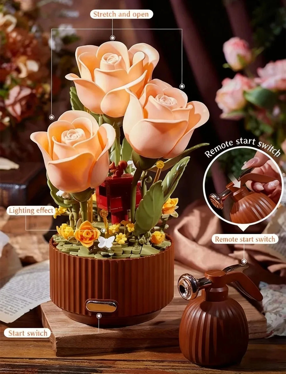 Dynamic Building Block Flower Electric Assembly Rose Bouquet Fairy Atmosphere High-end Decoration For Girl Handmade Wedding Gift