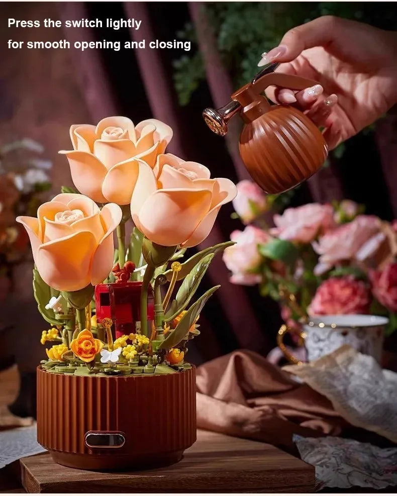 Dynamic Building Block Flower Electric Assembly Rose Bouquet Fairy Atmosphere High-end Decoration For Girl Handmade Wedding Gift