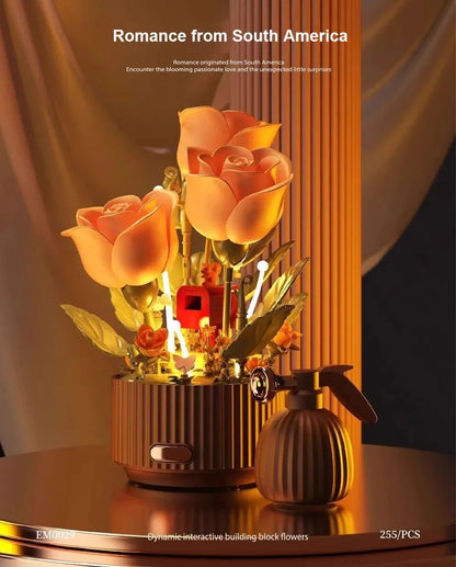 Dynamic Building Block Flower Electric Assembly Rose Bouquet Fairy Atmosphere High-end Decoration For Girl Handmade Wedding Gift